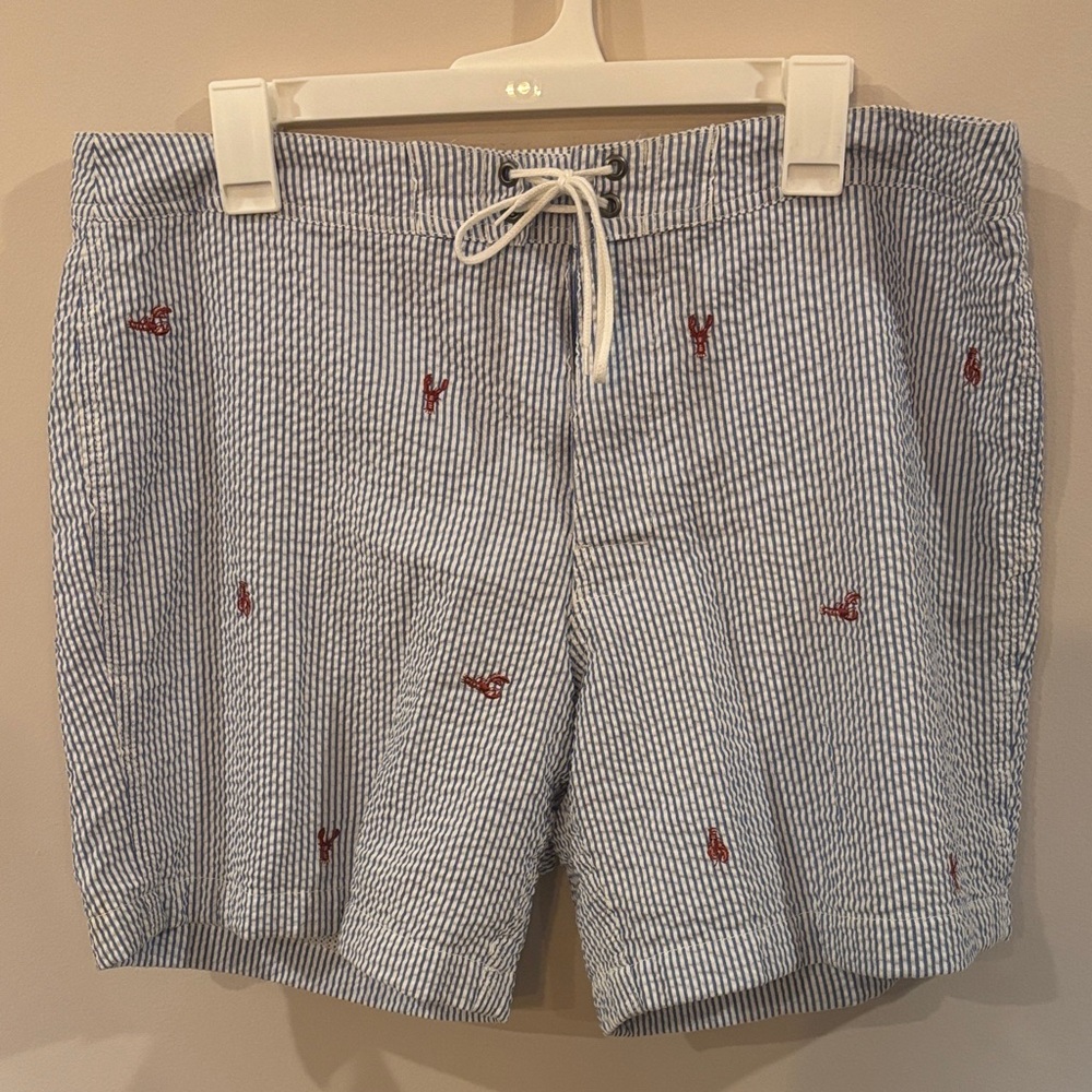 J Crew Blue and White Striped Swim Trunks with Red Lobster Embroidery Men's 34W